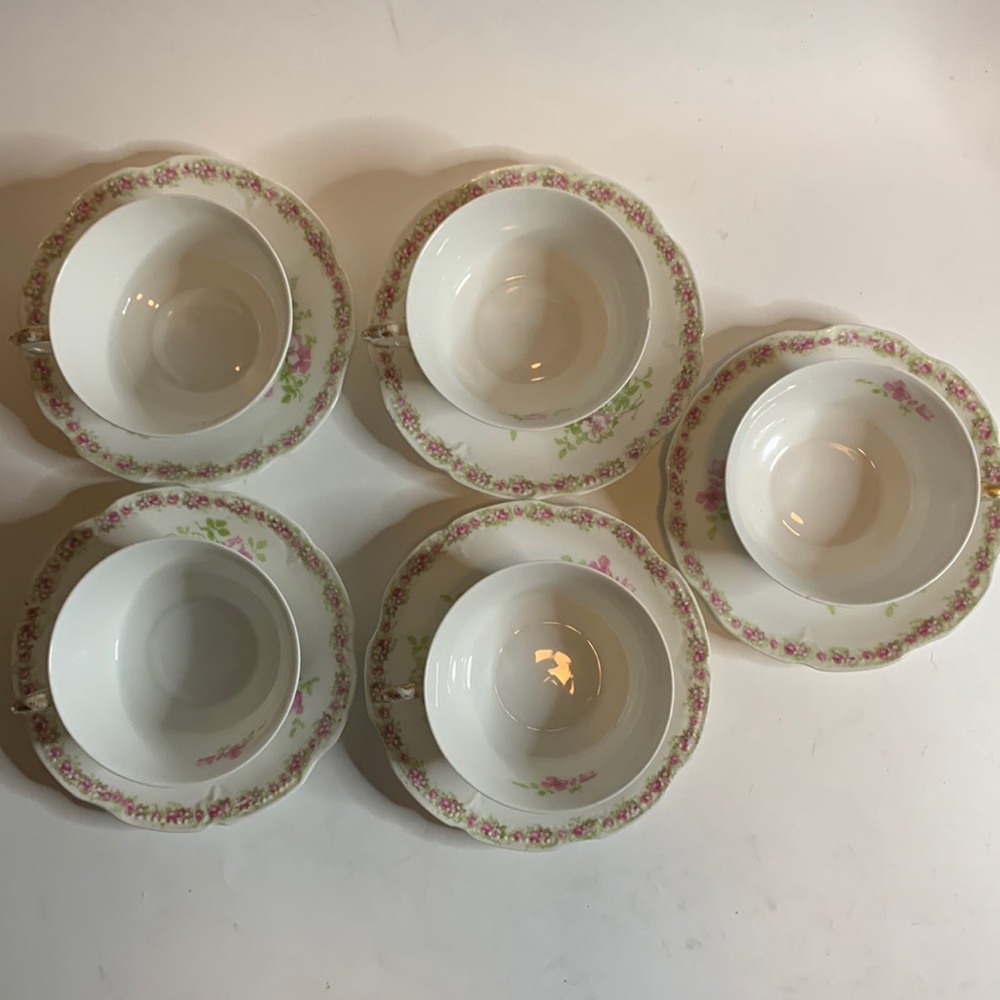 5-Coronet Tea Cup and Saucer Sets Limoges France Pink Flowers Bone China